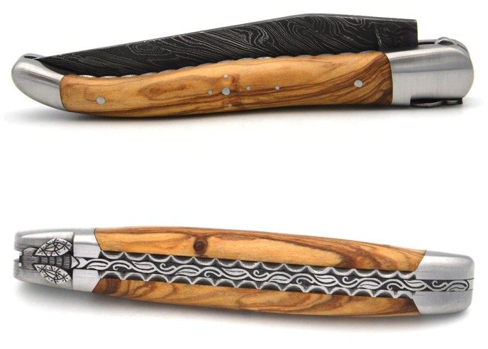 laguiole 12cm damast klinge biene und feder mit meissel handziseliert griff aus Olivenholz