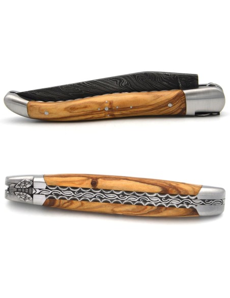laguiole pocket knife 12 cm bee and spring chiseled with file damascus steel blade olivewood handle