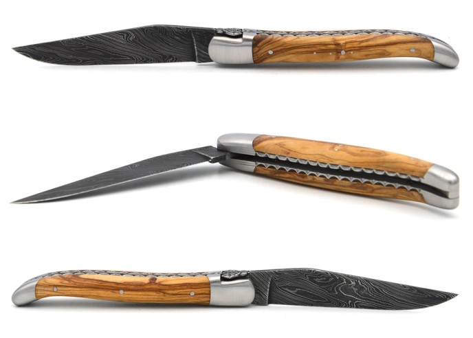 laguiole pliant 12cm lame damas sauvage abeille et ressort ciseles burin manche en olivier