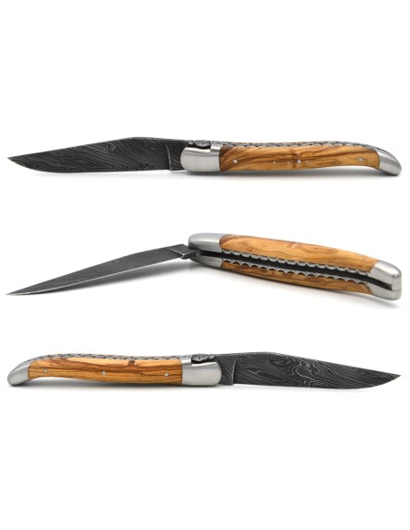 laguiole pliant 12cm lame damas sauvage abeille et ressort ciseles burin manche en olivier