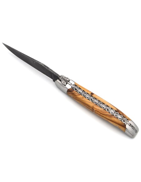 laguiole pocket knife 12 cm bee and spring chiseled with file damascus steel blade olivewood handle