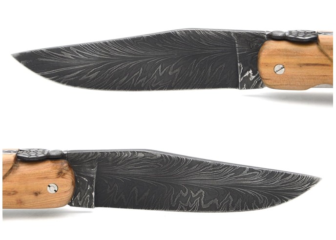 Laguiole hunting knife 13.5 cm, feather damascus steel blade, juniper