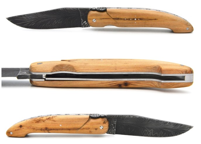Laguiole-Jagdmesser 13.5 cm, Damastklinge Federmotiv, Wacholderholz