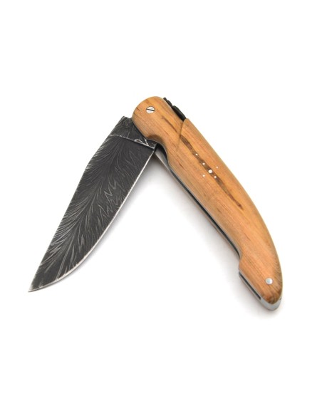 Laguiole hunting knife 13.5 cm, feather damascus steel blade, juniper