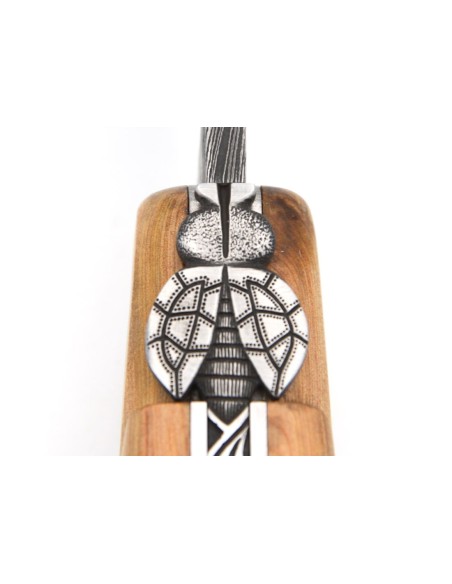 Laguiole-Jagdmesser 13.5 cm, Damastklinge Federmotiv, Wacholderholz