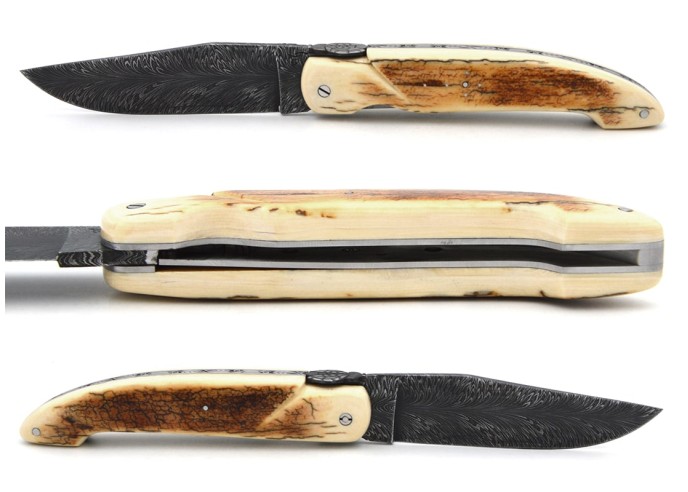 Laguiole hunting knife, feather damascus steel blade, mammoth tusk