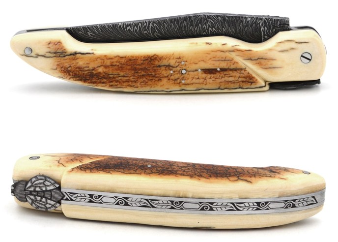 Laguiole hunting knife, feather damascus steel blade, mammoth tusk