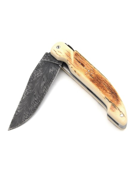 Laguiole hunting knife, feather damascus steel blade, mammoth tusk