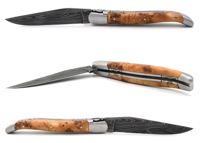 laguiole pliant 12cm lame damas sauvage abeille et ressort ciseles burin manche en genevrier