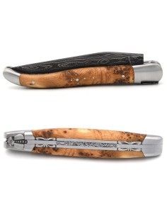laguiole pliant 12cm lame damas sauvage abeille et ressort ciseles burin manche en genevrier 2