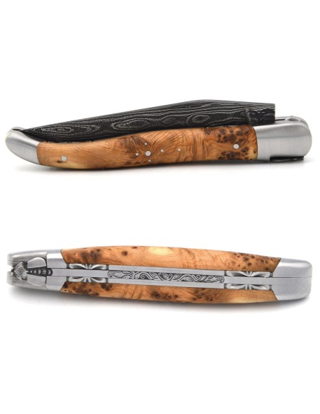 laguiole pocket knife 12 cm bee and spring chiseled with file damascus steel blade pale horn tip handle