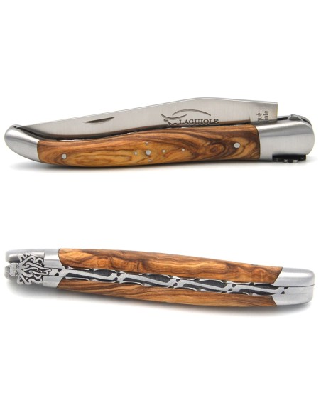 Laguiole knife 12 cm, bee with octopus motif,  olive wood handle