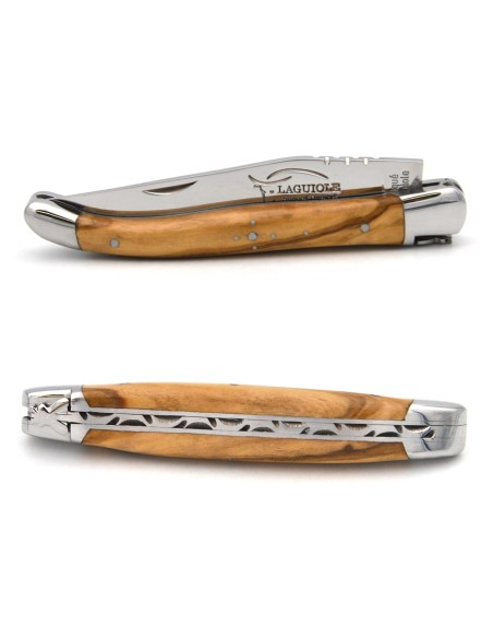 Laguiole abeille forgée, 11 cm, manche olivier, mitres inox brillant