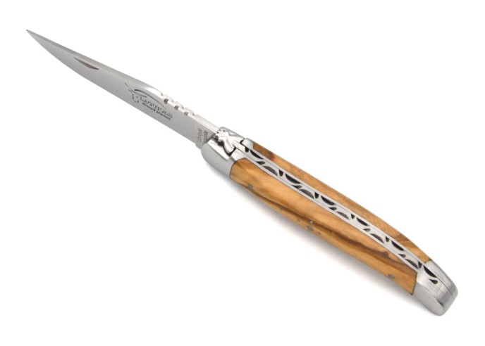 Laguiole pocket knife, 11 cm, forged bee, olive wood handle with shiny bolsters