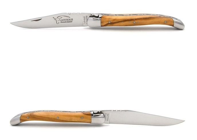 Laguiole Klappmesser, 11cm, Geschmiedete Biene, Heftbacken aus glänzendem Edelstahl, Griff aus Olivenholz