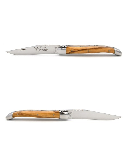 Laguiole Klappmesser, 11cm, Geschmiedete Biene, Heftbacken aus glänzendem Edelstahl, Griff aus Olivenholz