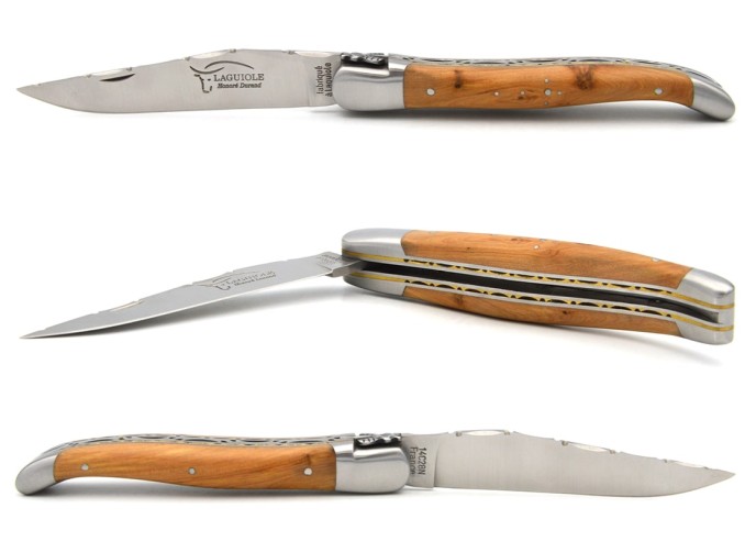 Laguiole 12 cm in juniper, triple plates, chiselled back of blade