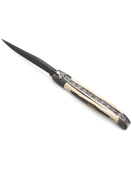 Mammoth tusk with Damascus steel bolsters