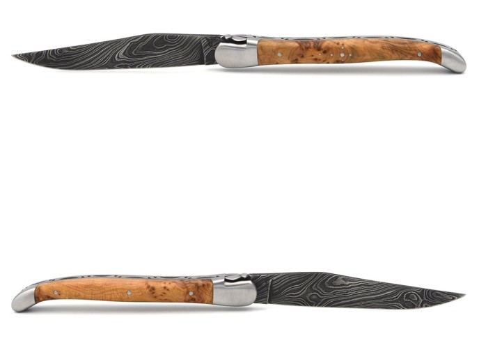 Laguiole pocket knife, 12 cm, forged bee, Damascus steel blade, juniper handle with matt bolsters
