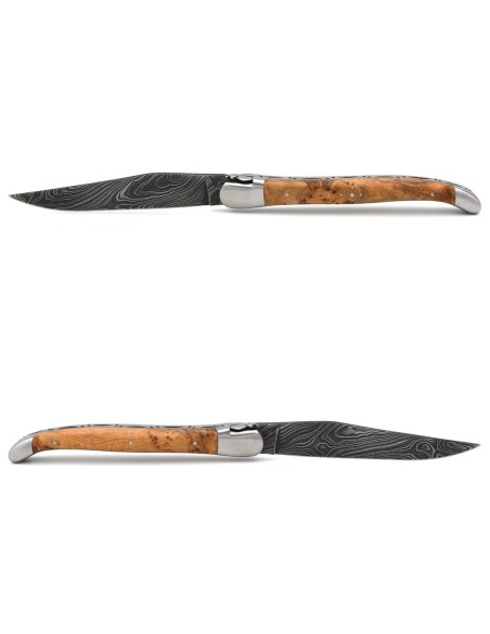 Laguiole 12cm, Damast Klinge, Heftbacken aus mattem Edelstahl , Wacholderholz