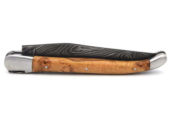 Laguiole 12cm, Damast Klinge, Heftbacken aus mattem Edelstahl , Wacholderholz