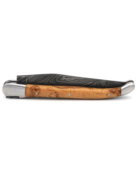 Laguiole 12cm, Damast Klinge, Heftbacken aus mattem Edelstahl , Wacholderholz