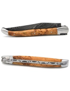 Laguiole pliant acier Damas, 12 cm, mitres inox mat, genévrier cade