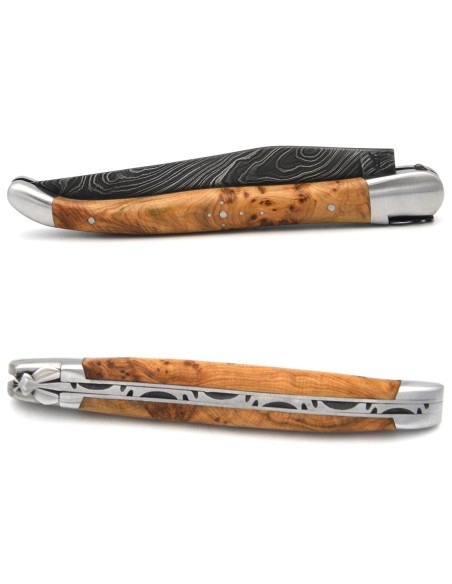 Laguiole pocket knife, 12 cm, forged bee, Damascus steel blade, juniper handle with matt bolsters