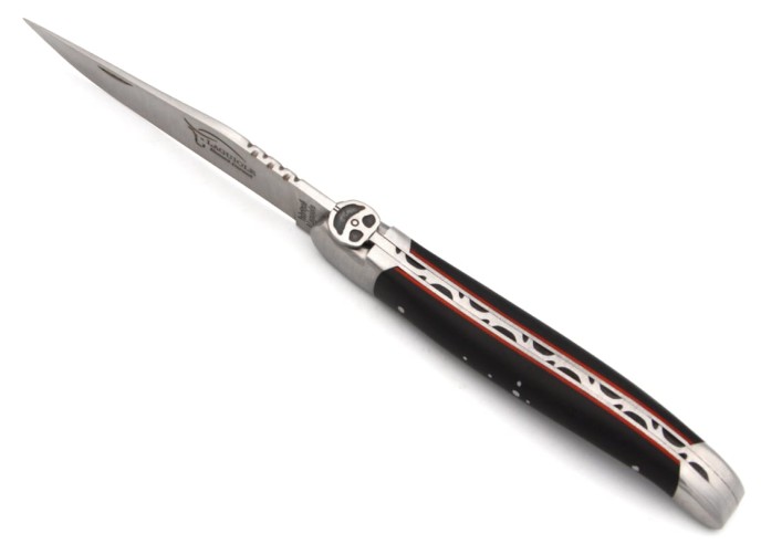 Laguiole Klappmesser, 12cm, Biene Lenkrad, Ebenholz & rot Vulkanfiber