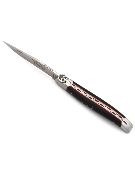 Laguiole Klappmesser, 12cm, Biene Lenkrad, Ebenholz & rot Vulkanfiber