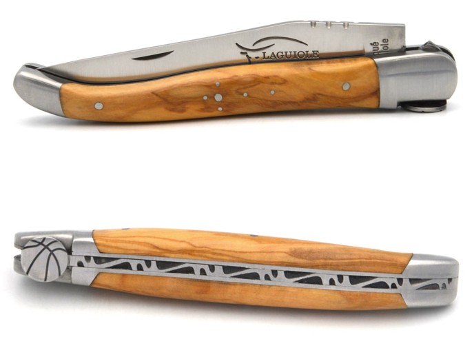 Laguiole pocket knife, 12 cm, basketball motif, olive wood handle