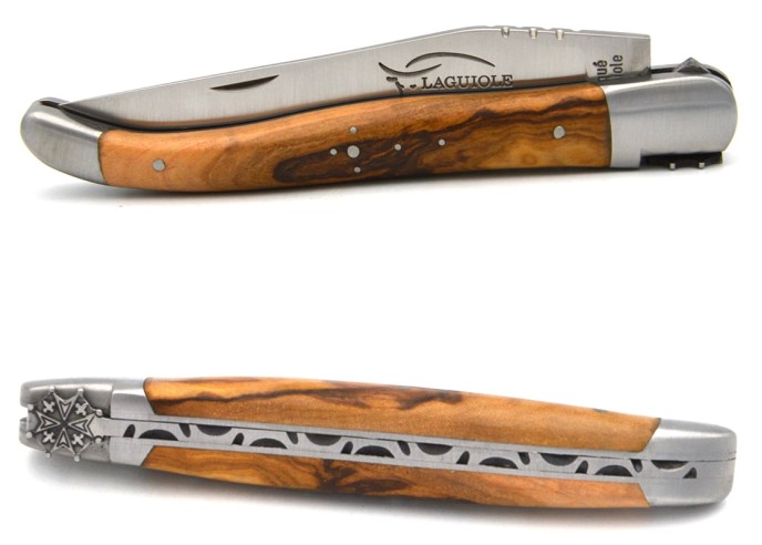Laguiole pliant 12 cm, croix huguenote, lame seule, manche en olivier