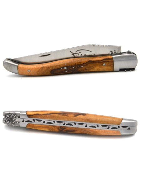 Laguiole pliant 12 cm, croix huguenote, lame seule, manche en olivier