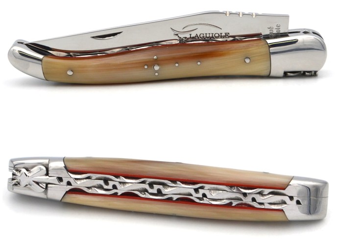 Laguiole Klappmesser, 12cm, Geschmiedete Biene, Heftbacken aus glanzendem Edelstahl, Griff aus Honrspitze mit rot Vulkanfiber