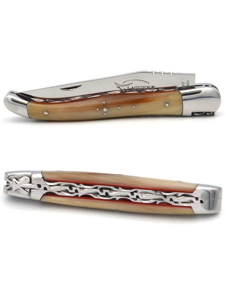 Laguiole pliant 12 cm, manche en pointe de corne , intercalaires rouges, mitres inox brillant