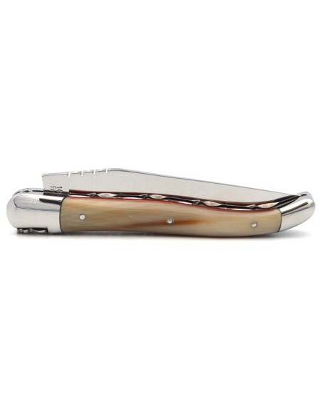 Laguiole pliant 12 cm, manche en pointe de corne , intercalaires rouges, mitres inox brillant