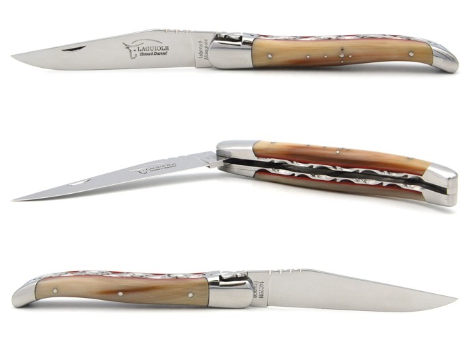 Laguiole Klappmesser, 12cm, Geschmiedete Biene, Heftbacken aus glanzendem Edelstahl, Griff aus Honrspitze mit rot Vulkanfiber