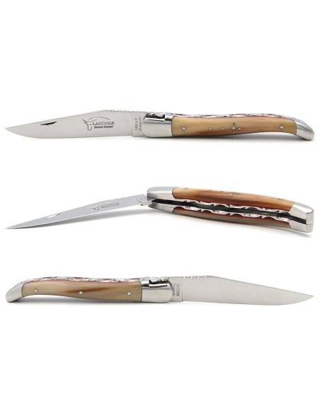 Laguiole pocket knife, 12 cm, forged bee, horntip handle with shiny bolsters and red vulcanized fiber