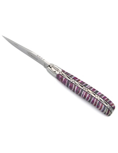 Laguiole pliant 12 cm, manche delta en molaire de mammouth rose-violet