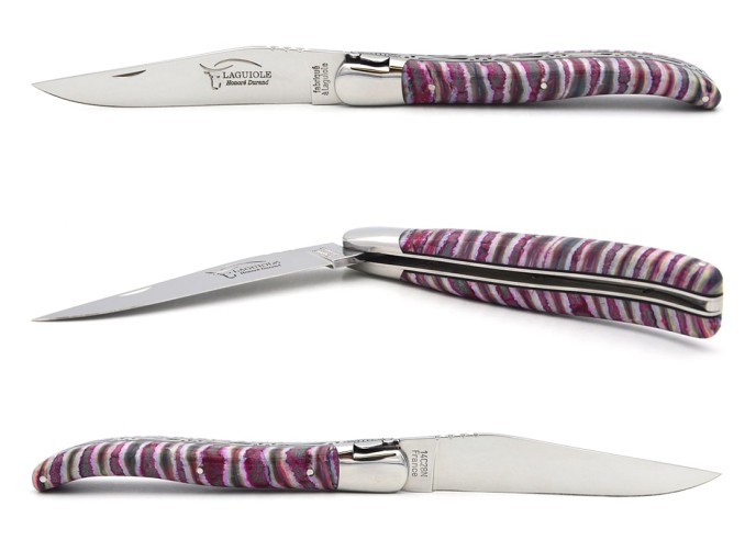 Laguiole pocket knife 12 cm, pink-violet mammoth molar delta handle