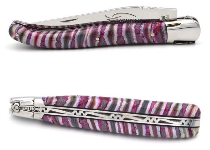 Laguiole pliant 12 cm, manche delta en molaire de mammouth rose-violet