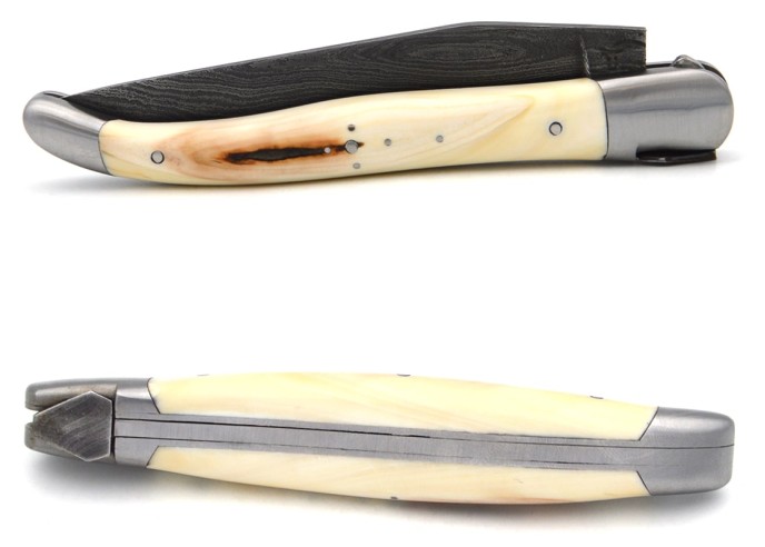 Laguiole pocket knife, 12 cm, "Wild" Damascus blade, warthog tooth handle with matt bolsters