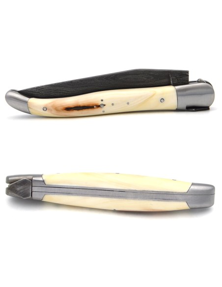 Laguiole Klappmesser, 12cm, Damast mit wildem Muster, Griff aus Damast & Warzenschweinzahn