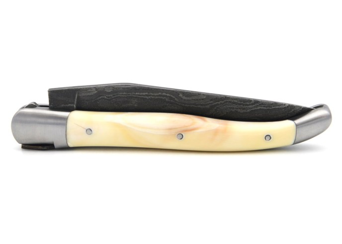 Laguiole Klappmesser, 12cm, Damast mit wildem Muster, Griff aus Damast & Warzenschweinzahn