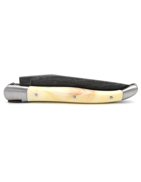 Laguiole pocket knife, 12 cm, "Wild" Damascus blade, warthog tooth handle with matt bolsters