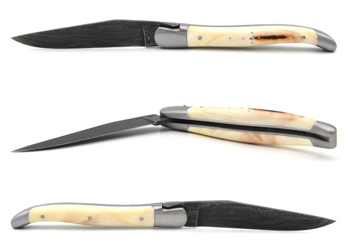Laguiole pocket knife, 12 cm, "Wild" Damascus blade, warthog tooth handle with matt bolsters
