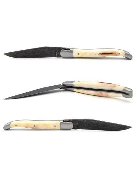 Laguiole Klappmesser, 12cm, Damast mit wildem Muster, Griff aus Damast & Warzenschweinzahn