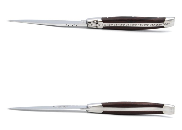 Laguiole steak knives with shiny stainless steel bolsters. Purplewood
