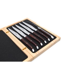 Laguiole steak knives with shiny stainless steel bolsters. Purplewood