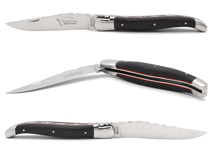 Laguiole knife, carbon fiber & red spacer handle, blade chiselled